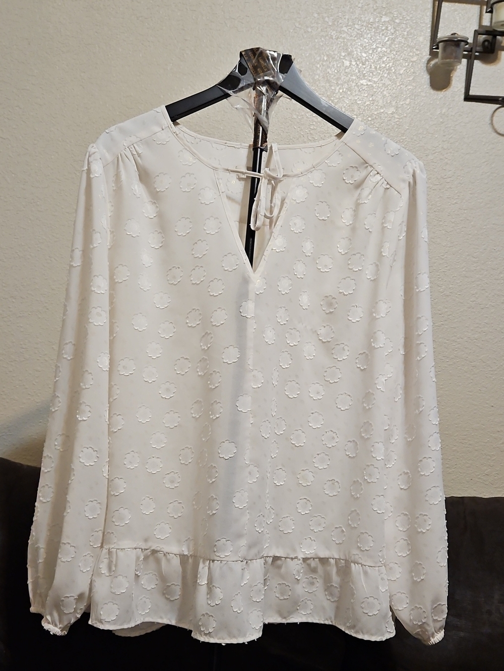 LOFT White Swiss Dot Tie-Neck Ruffle Hem Blouse